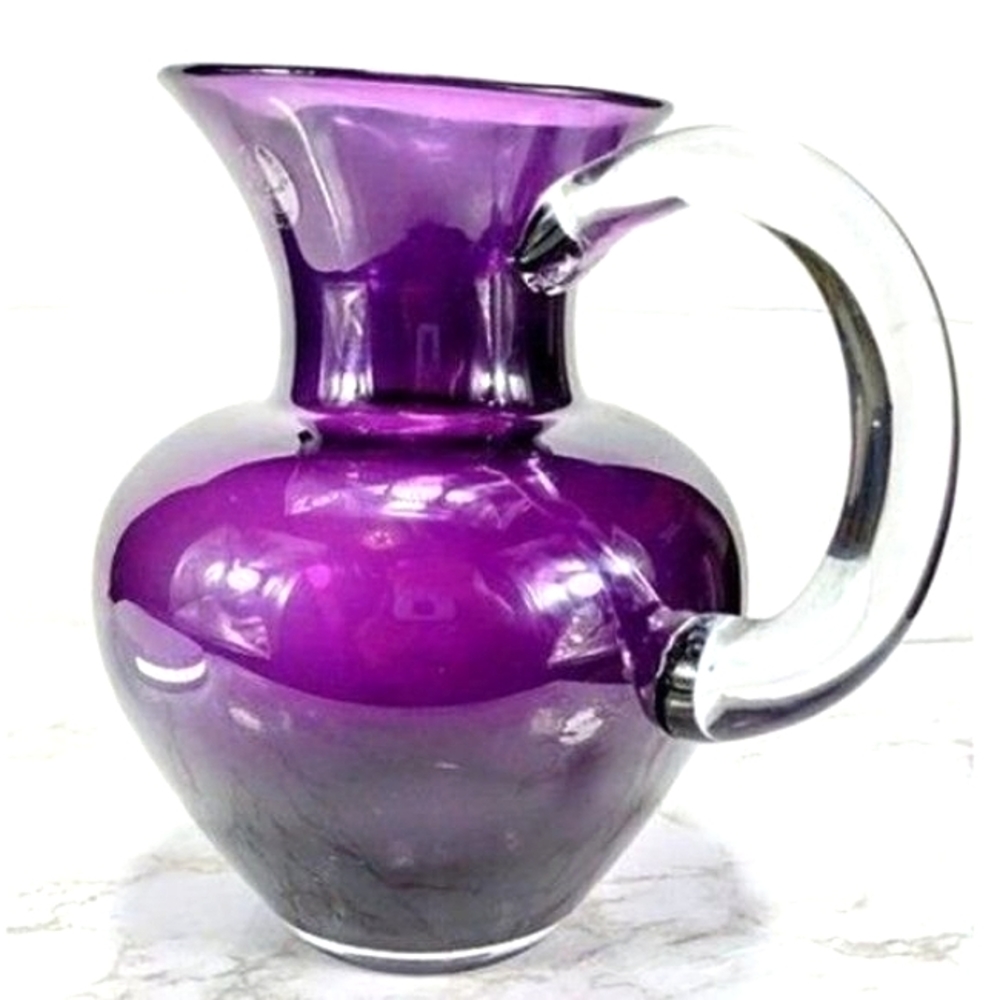 Vintage Artland Hand Blown Amethyst Purple Water Glass Pitcher Clear Handle